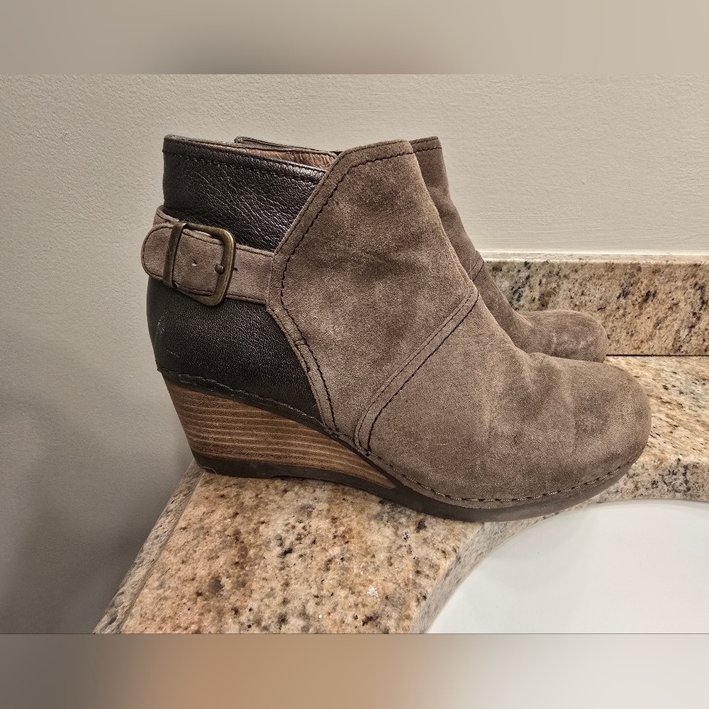 DANSKO Stylish Brown Wedge Ankle Boots With Metallic Pewter Color Heels
